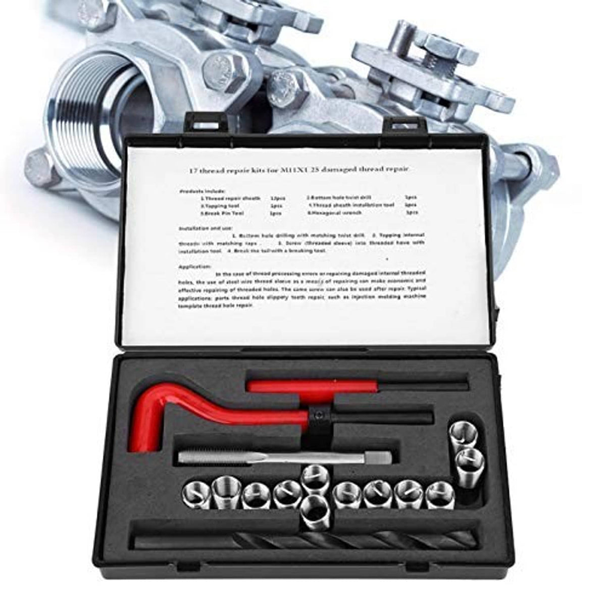 Thread repair kit shown with instruction card and tools in open black case