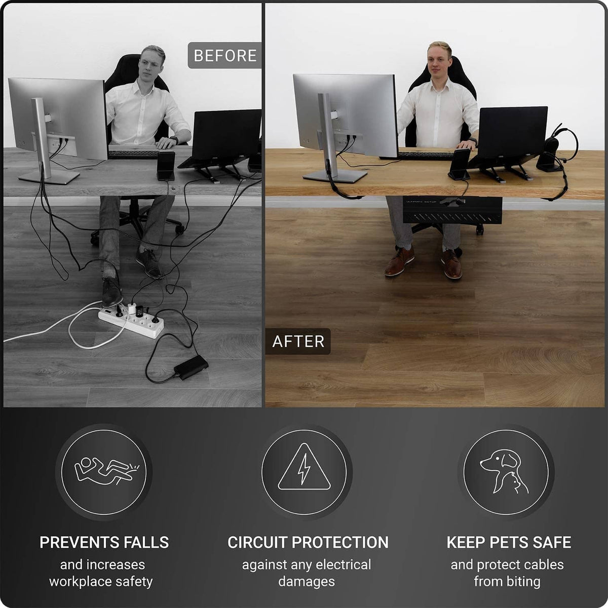 Under-desk cable management tray helping keep cords organized and preventing cable falls