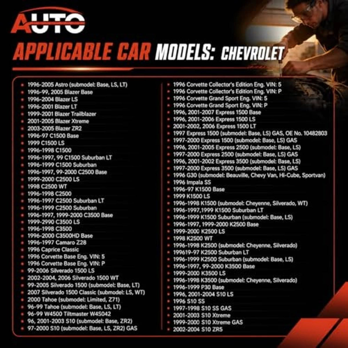 Chevrolet compatible models list on red/black chart for ignition control module