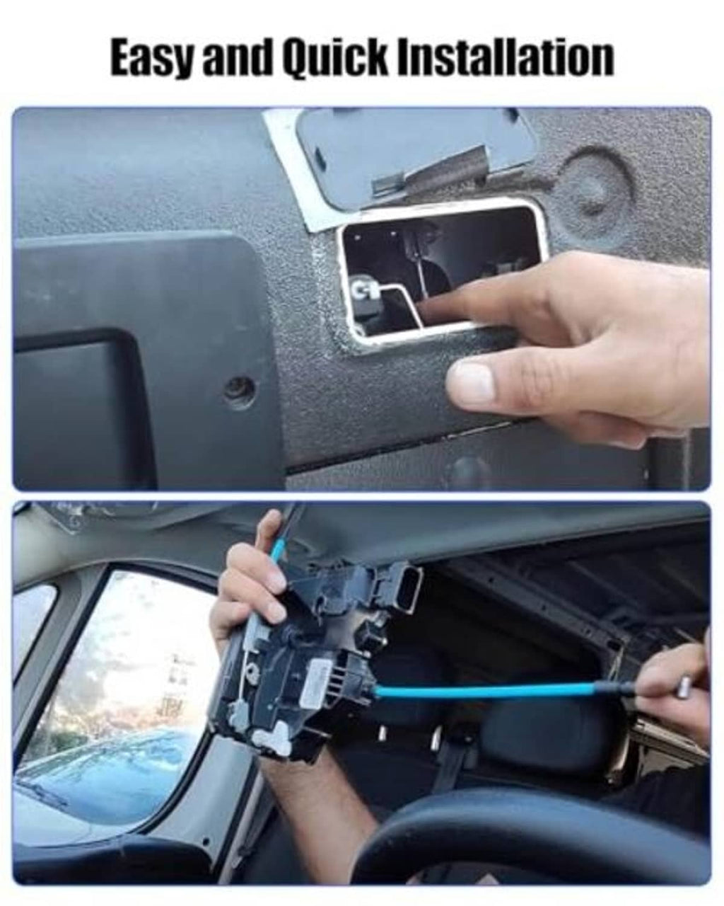 Door latch lock actuator with cables being installed in car door panel, blue wire