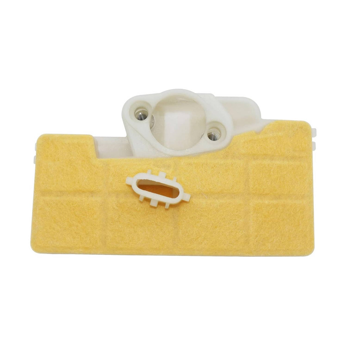 Air filter cleaner underside with yellow foam pad and white mounting posts