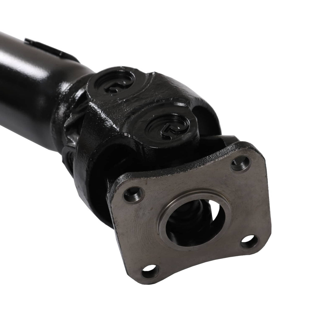 Rear driveshaft bearing housing with square flange and bolt holes, black