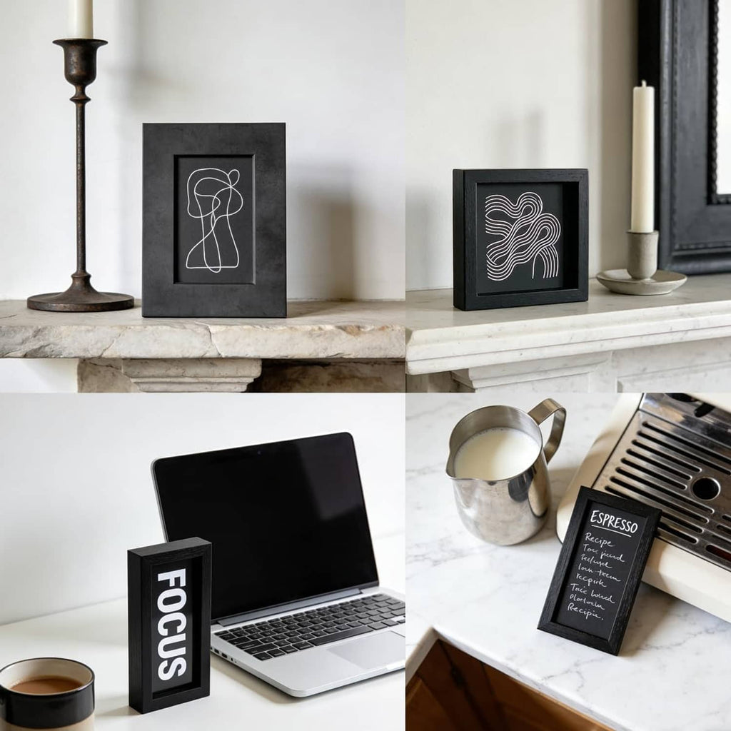 Black tabletop picture frame holding a sketch-style photo behind a clear acrylic front