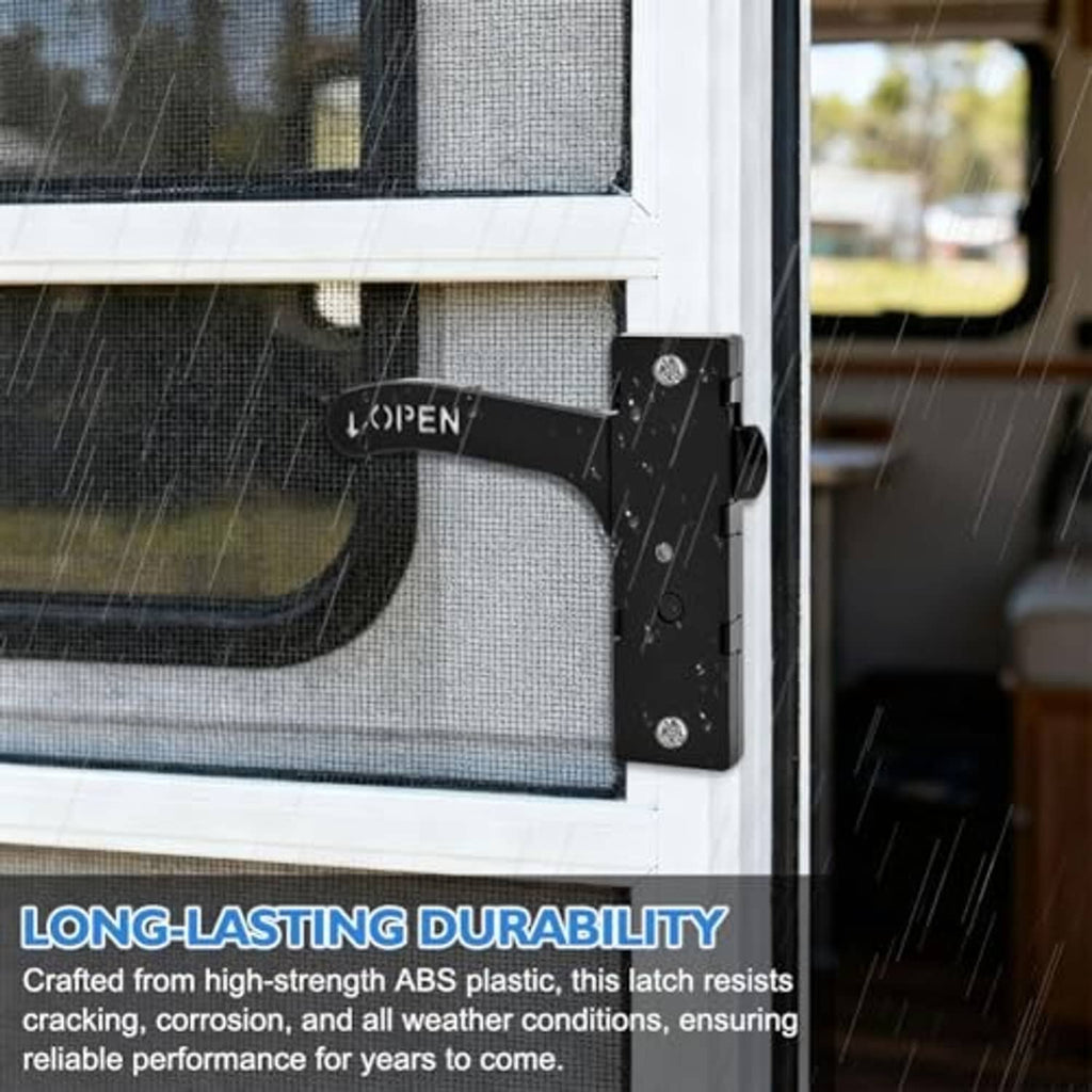 Black RV screen door latch secured to mesh door with 'OPEN' lever