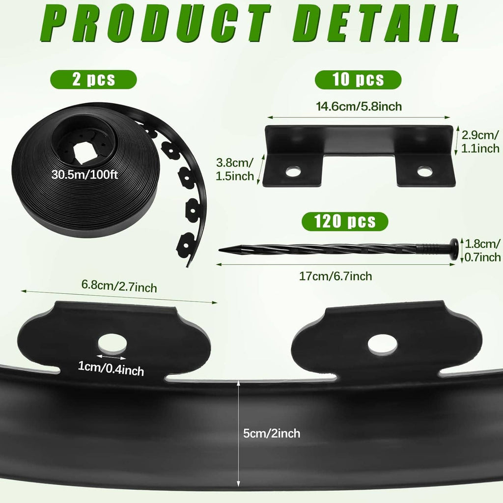 Black landscape edging kit: edging coil, metal brackets, and anchoring spikes (120 pcs shown).
