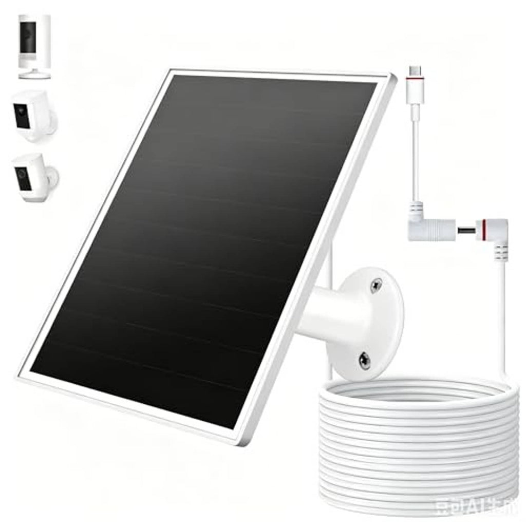 Solar panel charger kit with angled black panel, white mount, and USB cable bundle.
