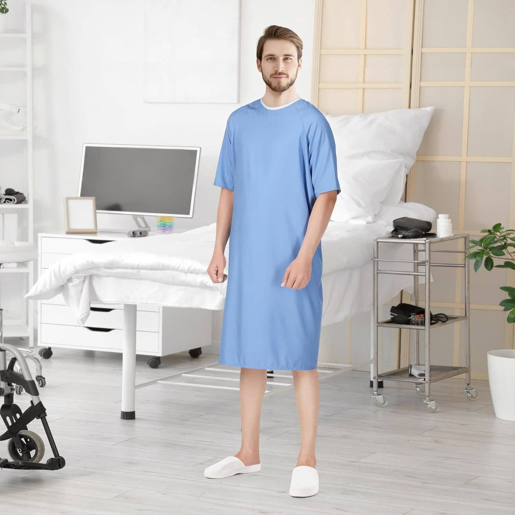Men's patient hospital gown in light blue, short sleeves and crew neck, model standing