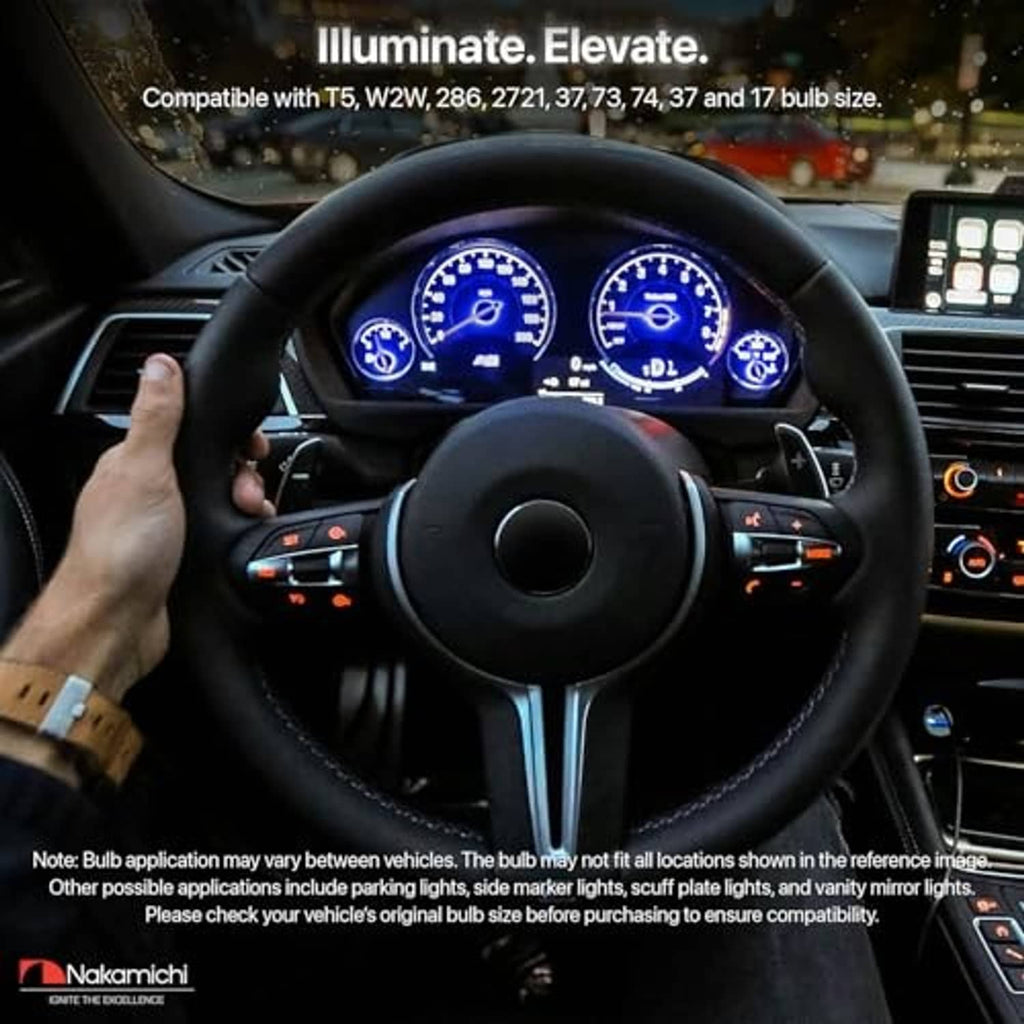 Neon blue illuminated car instrument cluster using T5 LED instrument bulbs