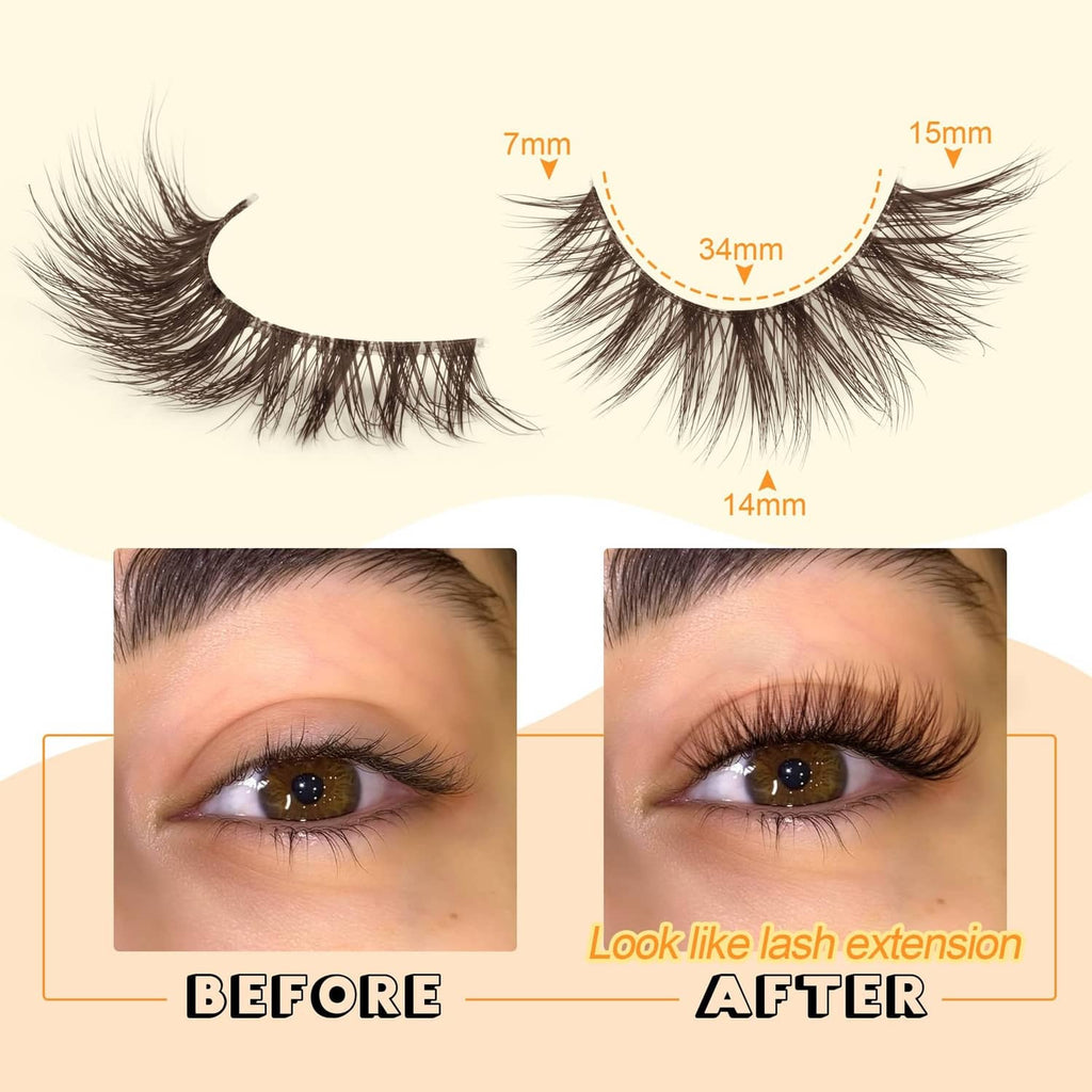 Brown cat-eye strip lashes, curved wispy lash band with length markers