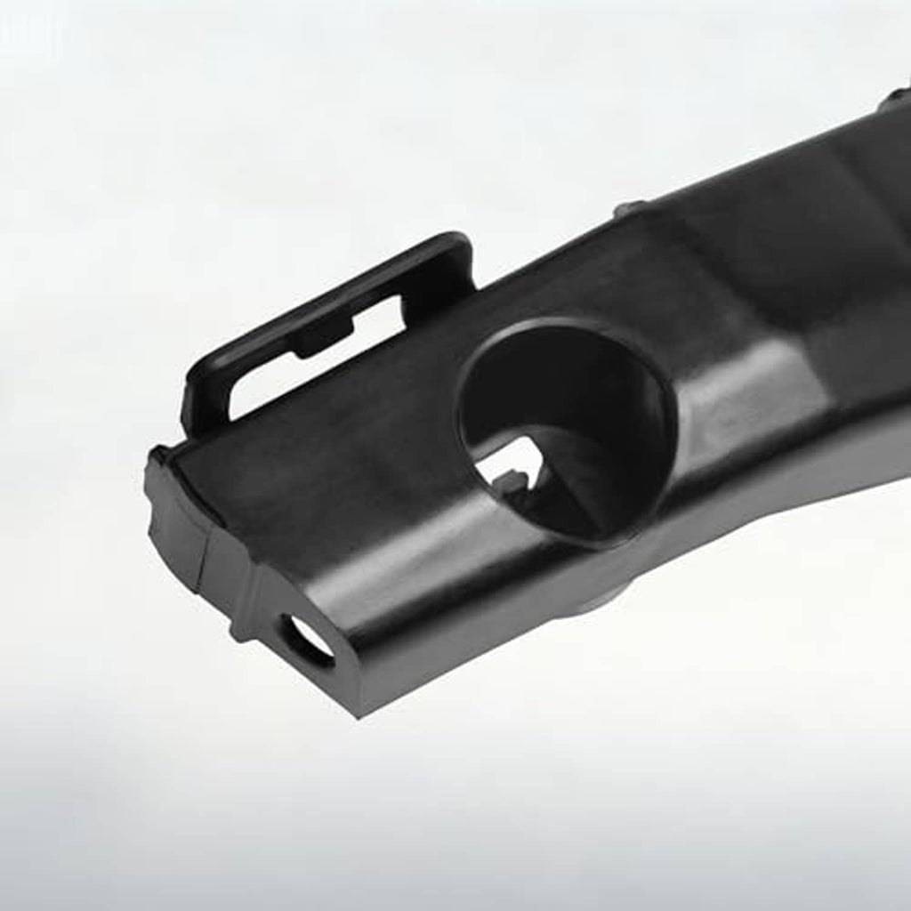 Close-up of dark gray front bumper bracket end with circular opening and tabs