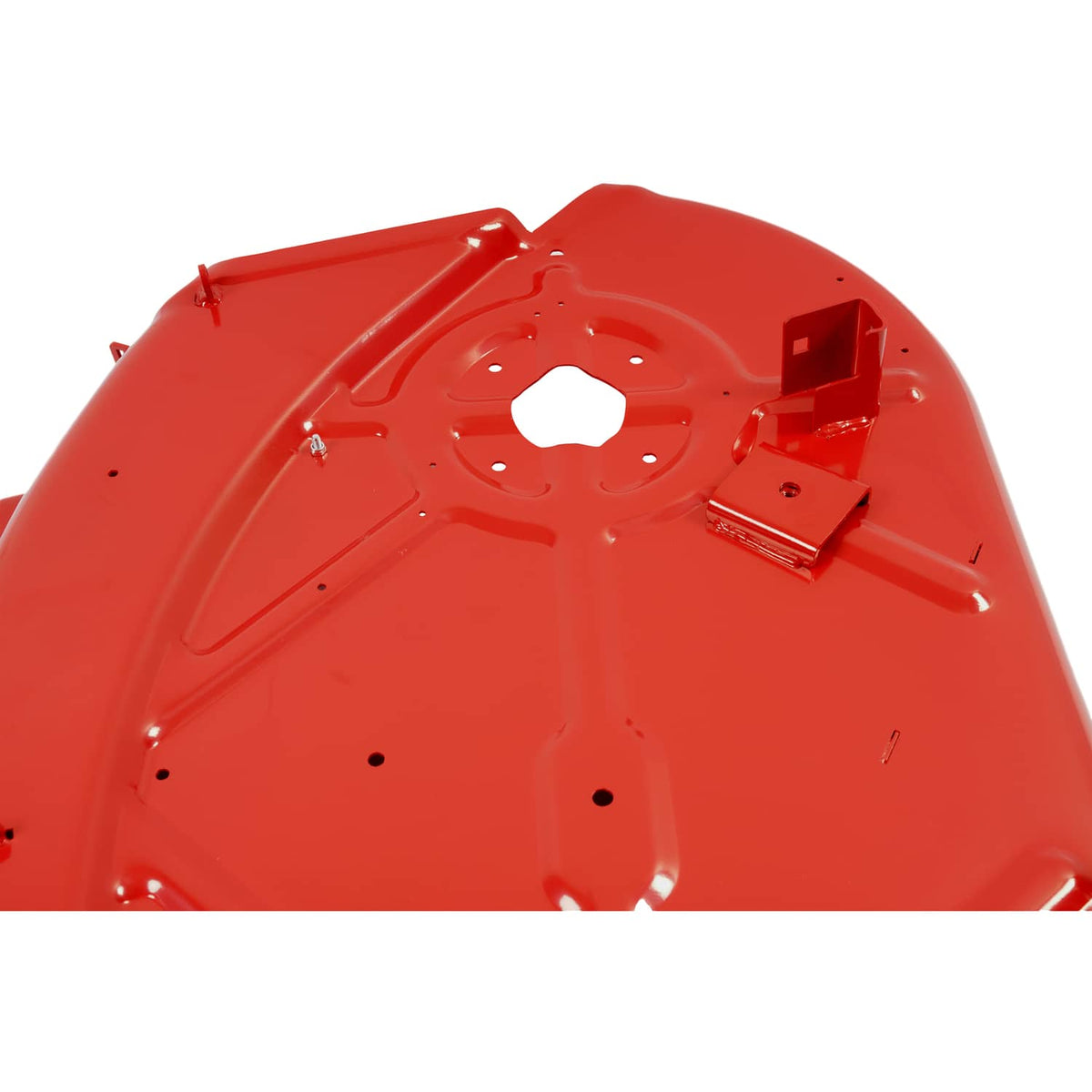 Red mower deck housing top panel with spindle holes and raised mounting tabs