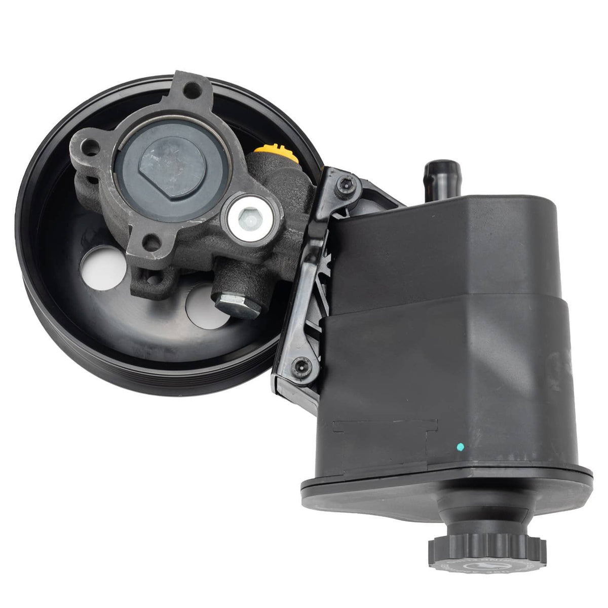 Power steering pump with attached reservoir, visible pulley and mounting bracket