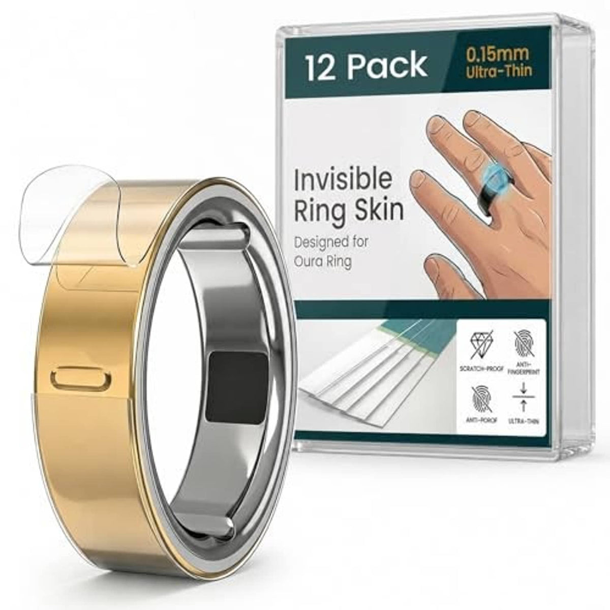 Clear ring skin protector set with 12-pack box and ultra-thin film on Oura-style ring