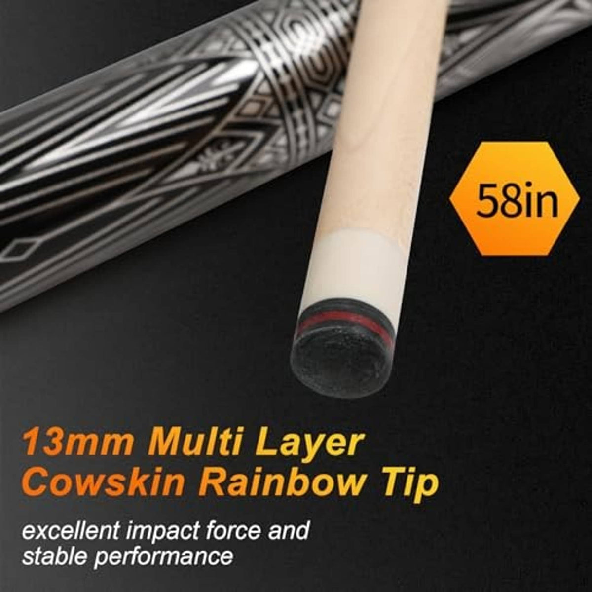 Pool cue with 58 in shaft and 13 mm multi-layer rainbow leather tip