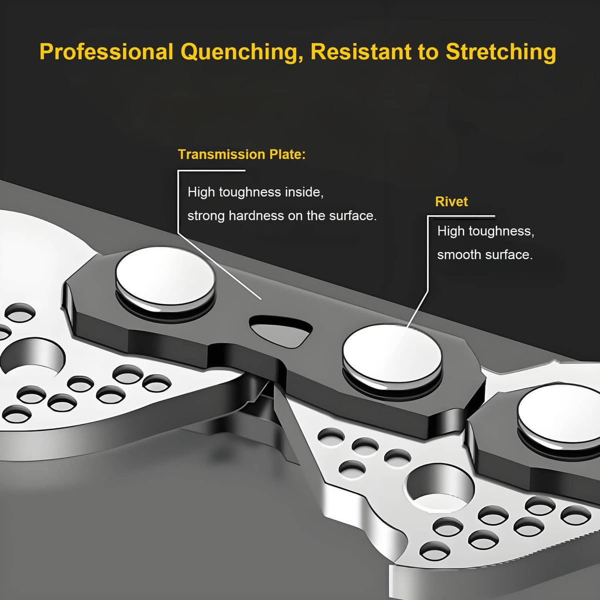 Chainsaw chain links with rivets and transmission plates for smooth engagement