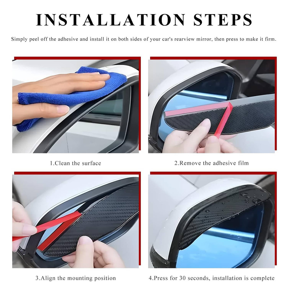 Car mirror rain visor being installed—adhesive-backed black eyebrow trim on both sides.