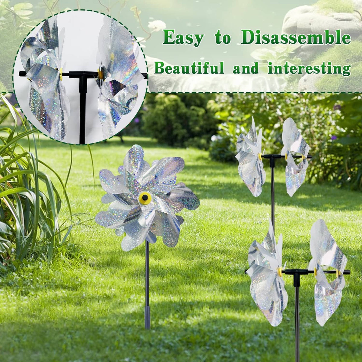 Silver reflective garden pinwheel on a stake with blue-silver dual flower blades
