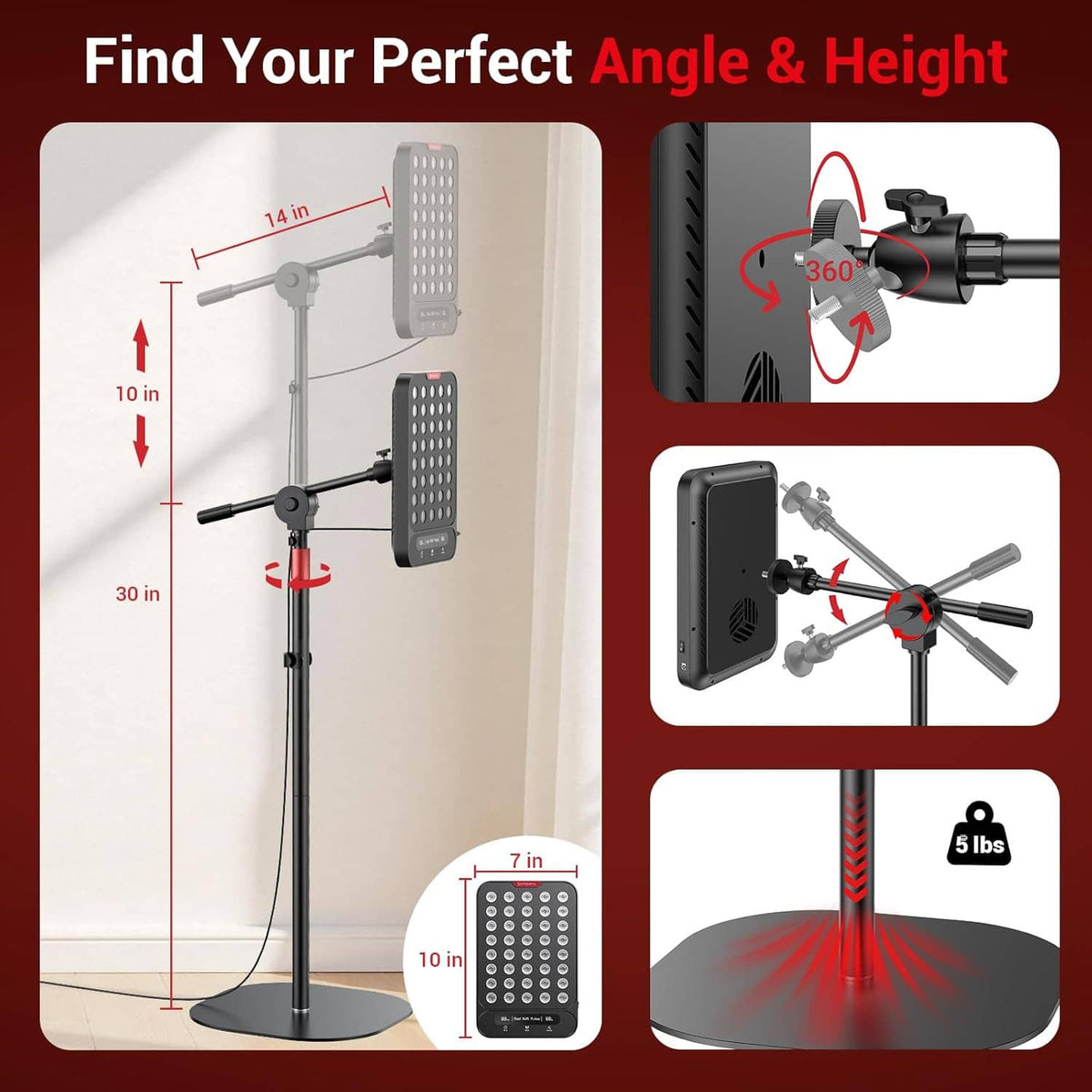 Height and angle adjustable red LED therapy lamp stand with 360° rotation