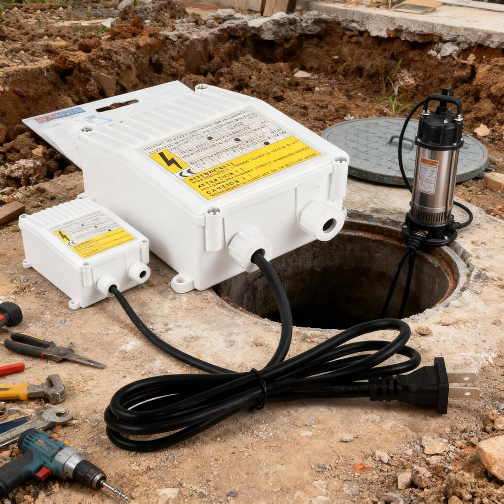 White submersible pump controller box with connected power cables for deep well use.