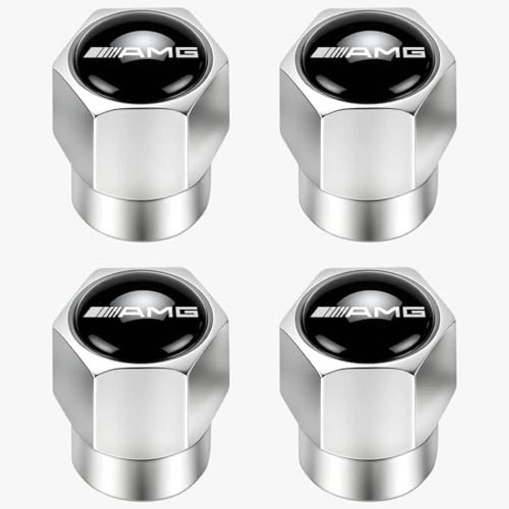 Set of four silver valve stem caps with black AMG emblem front faces