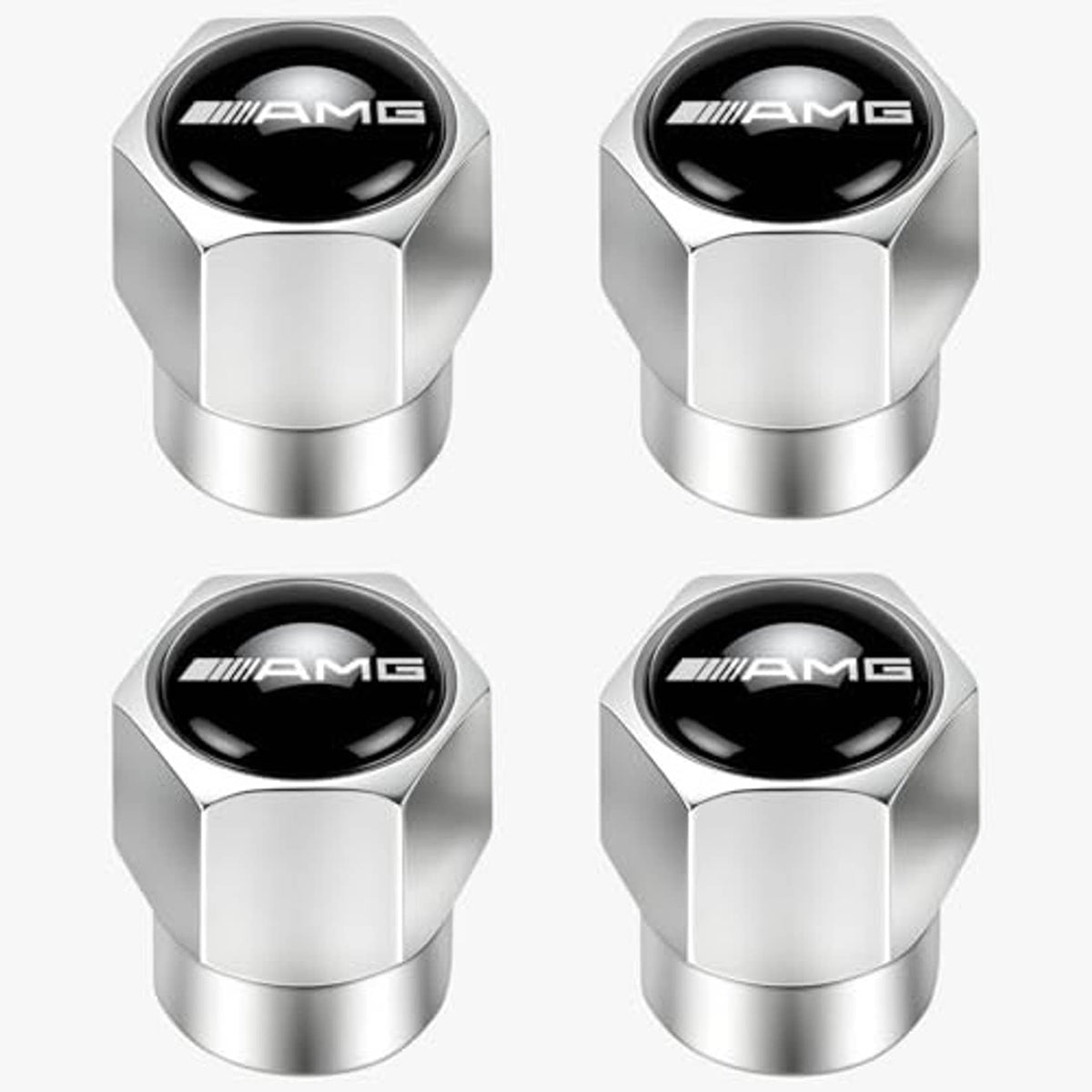 Set of four silver valve stem caps with black AMG emblem front faces