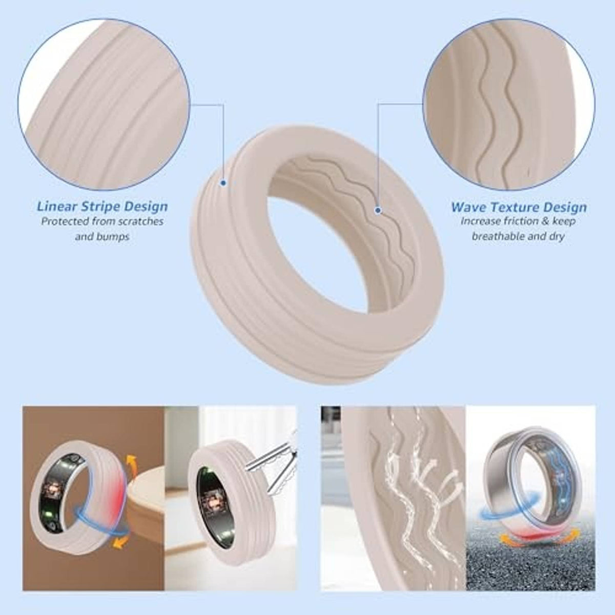 Beige silicone ring cover with linear stripe and wave texture details
