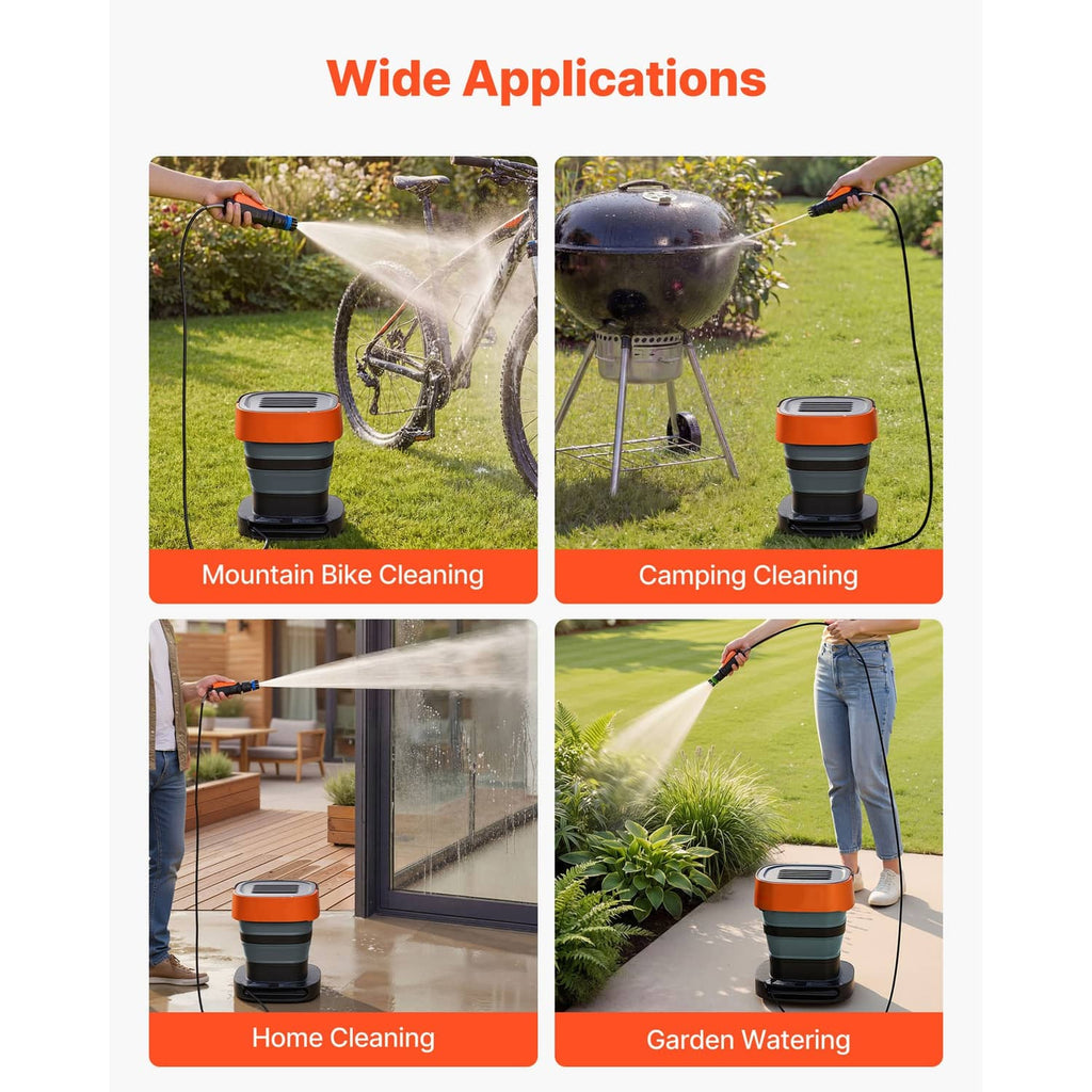 Portable cordless pressure washer with orange top and gray body, shown with spray cleaning