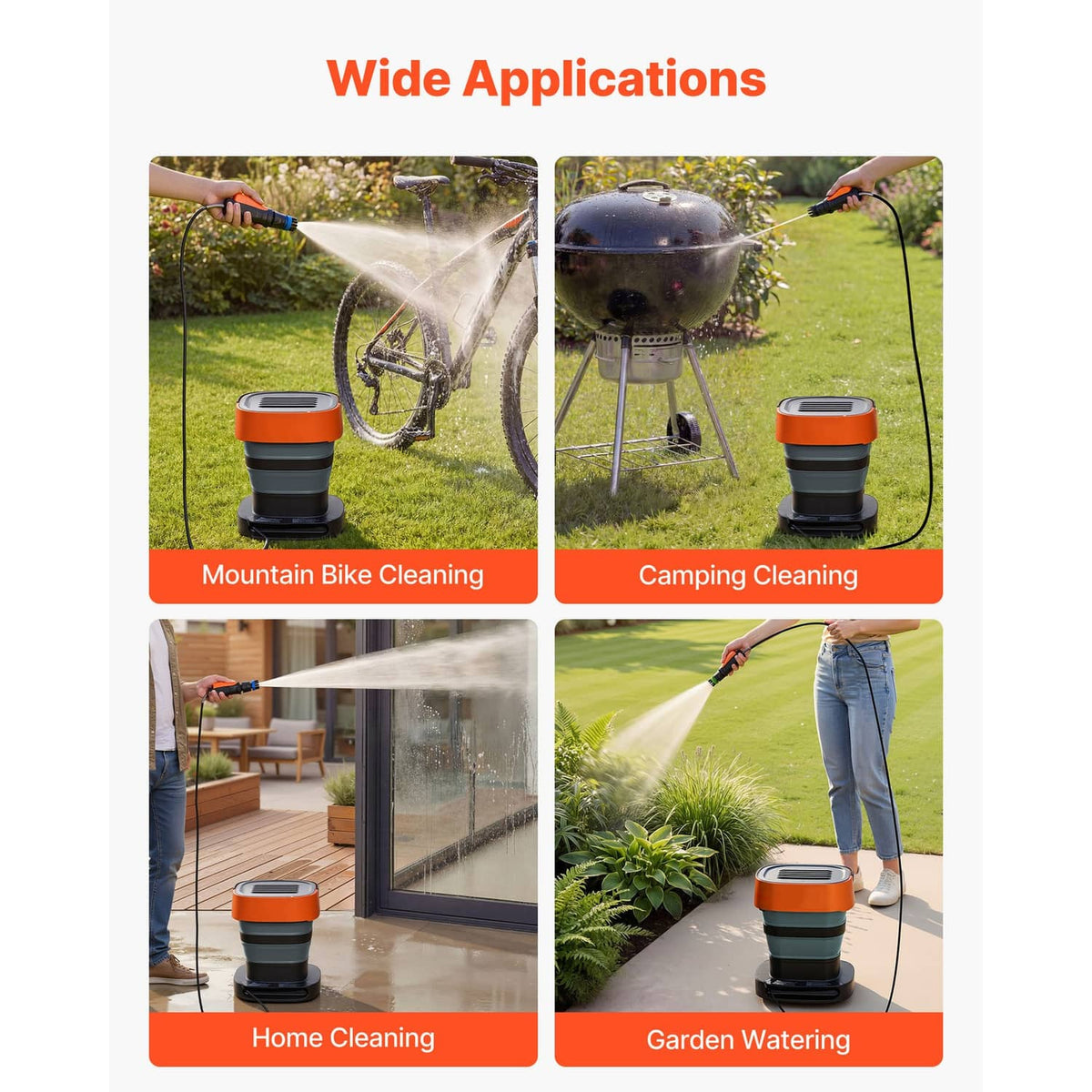 Portable cordless pressure washer with orange top and gray body, shown with spray cleaning