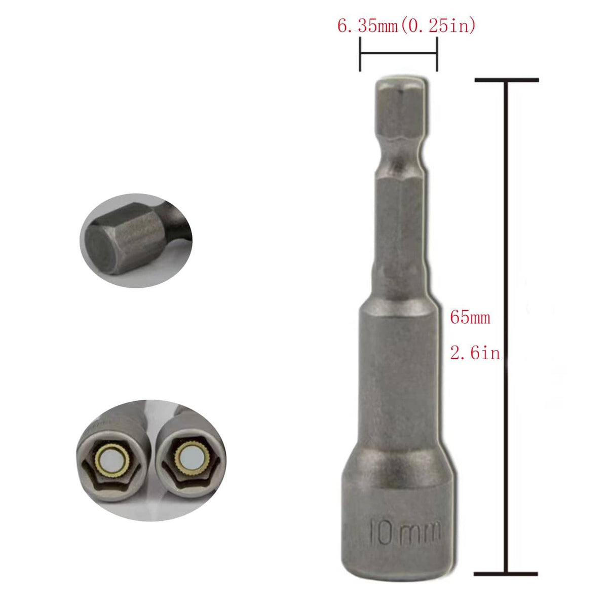 10mm nut driver bit with size markings: 65mm length and 6.35mm socket