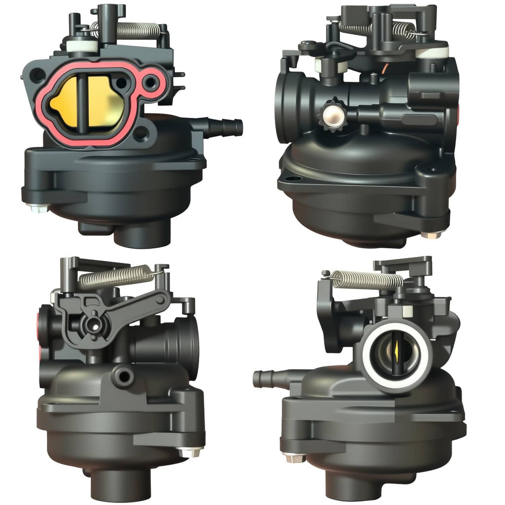 Carburetor replacement shown from multiple angles with intake and mounting ports