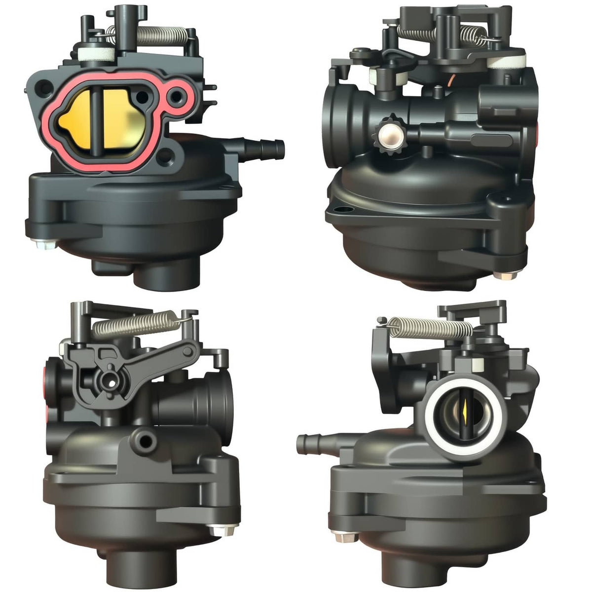 Carburetor replacement shown from multiple angles with intake and mounting ports