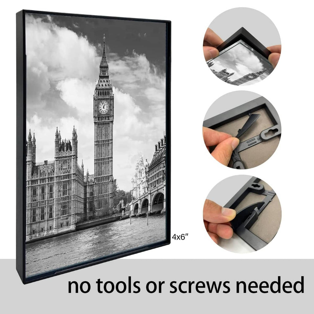 Black 4x6 photo frame with hinged back and stand clip detail, ready to assemble