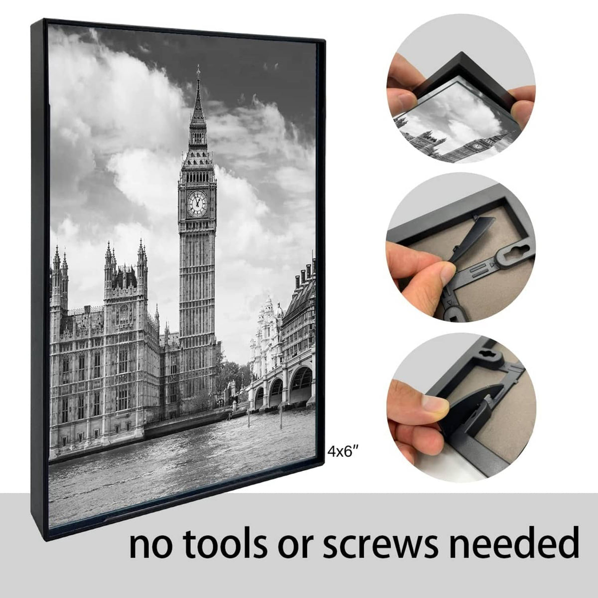 Black 4x6 photo frame with hinged back and stand clip detail, ready to assemble