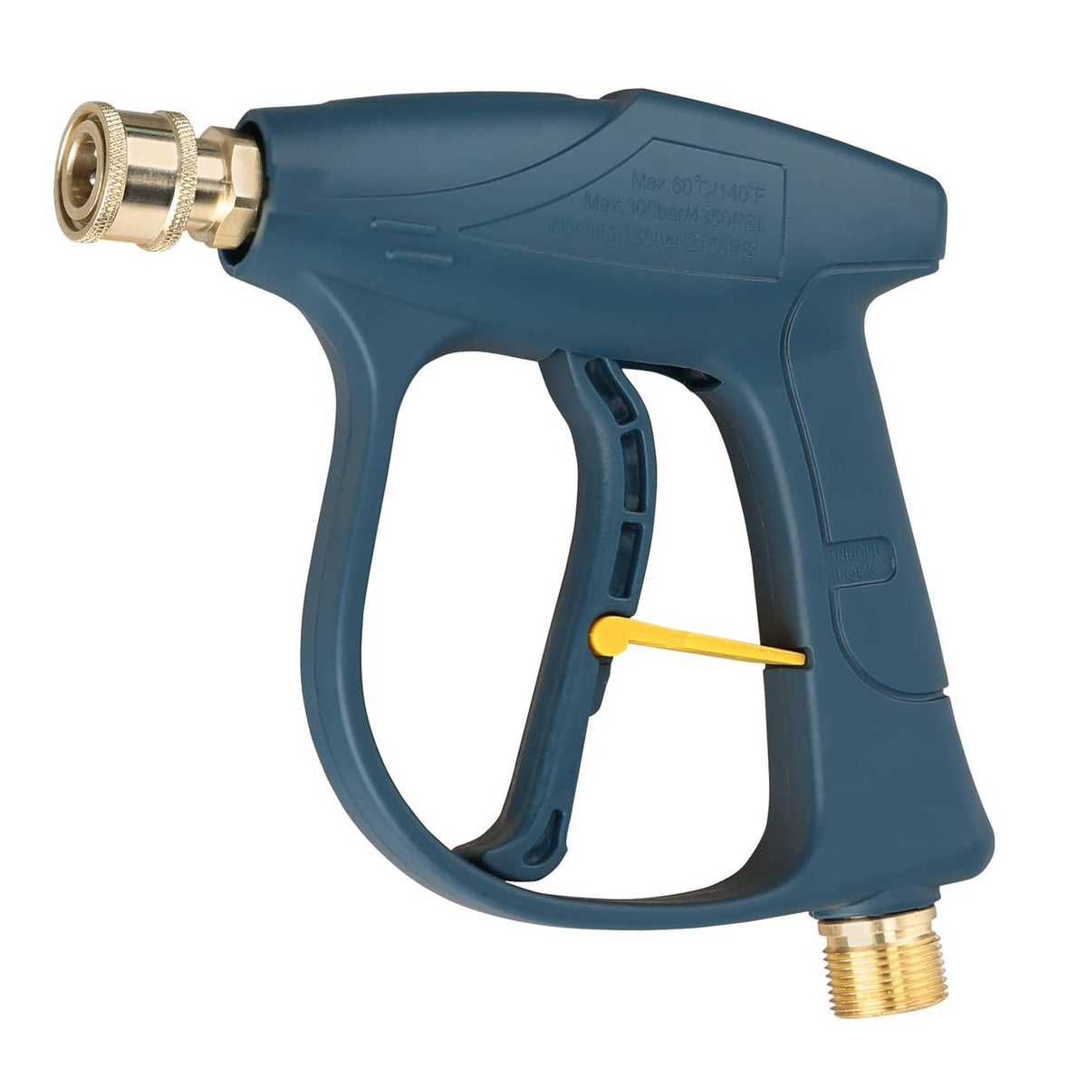 High-pressure washer gun with brass quick-connect fitting, blue-green body, trigger handle