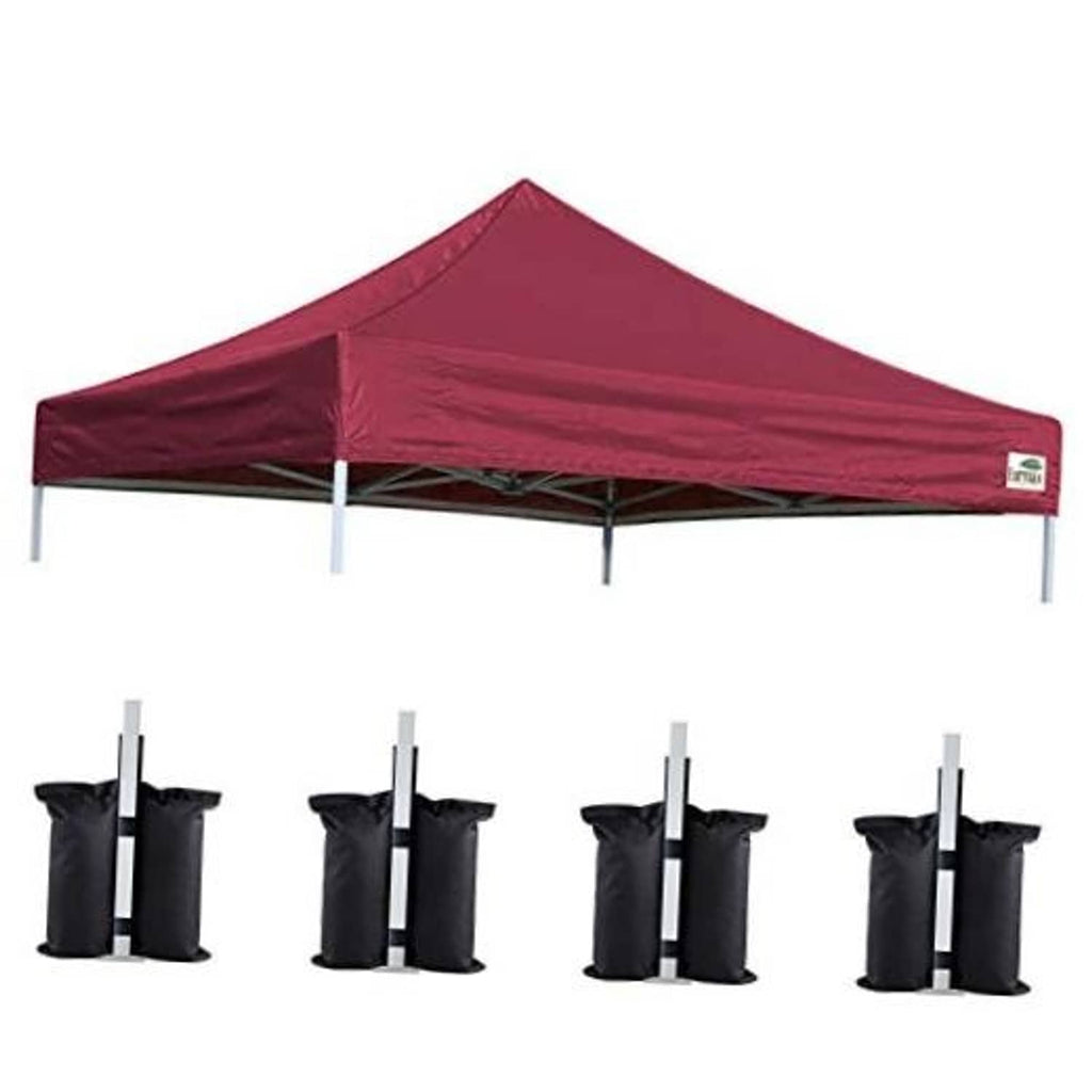 Burgundy pop-up canopy replacement top with slanted roof and metal support poles
