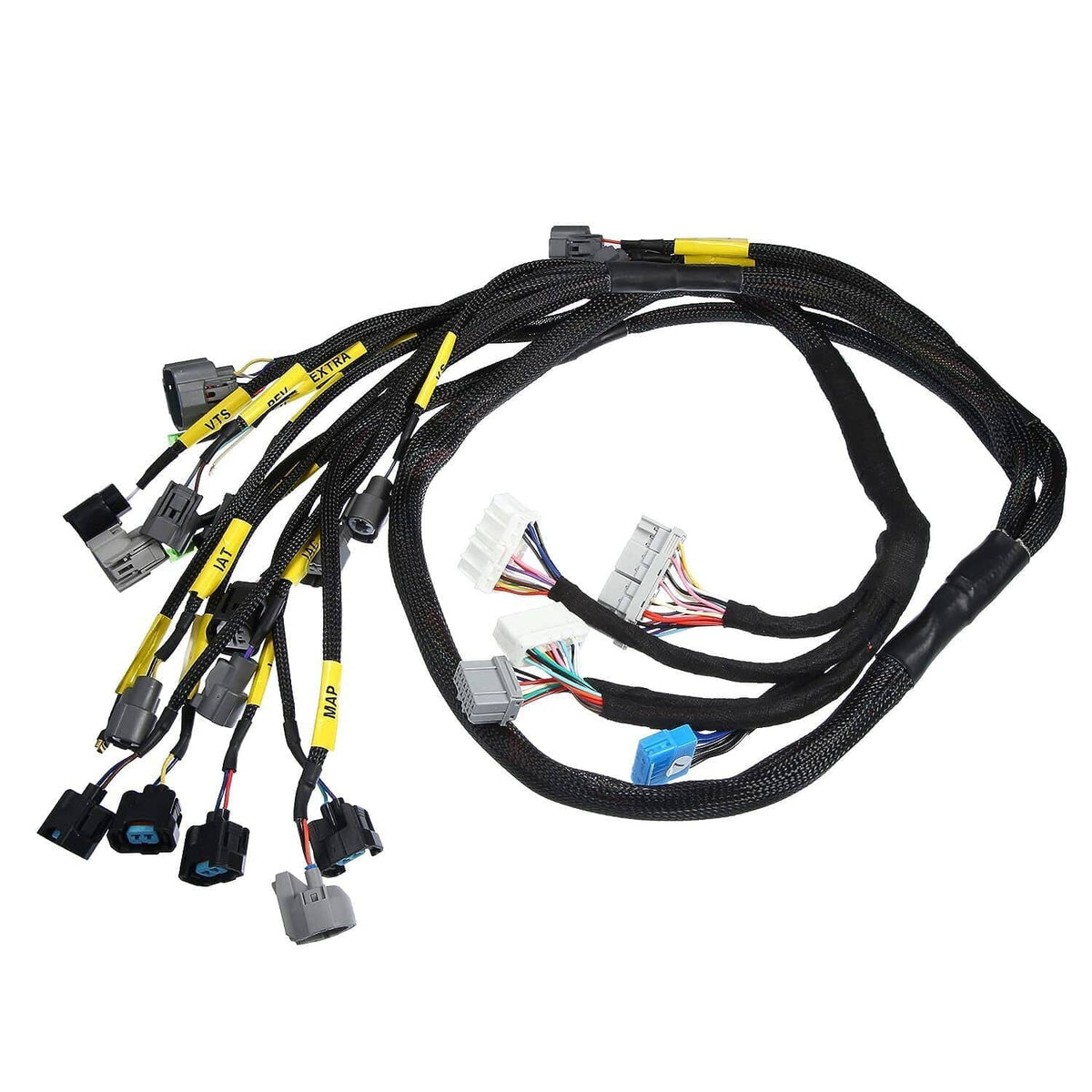 Engine wiring harness with black braided cable and yellow tracer lines with plugs