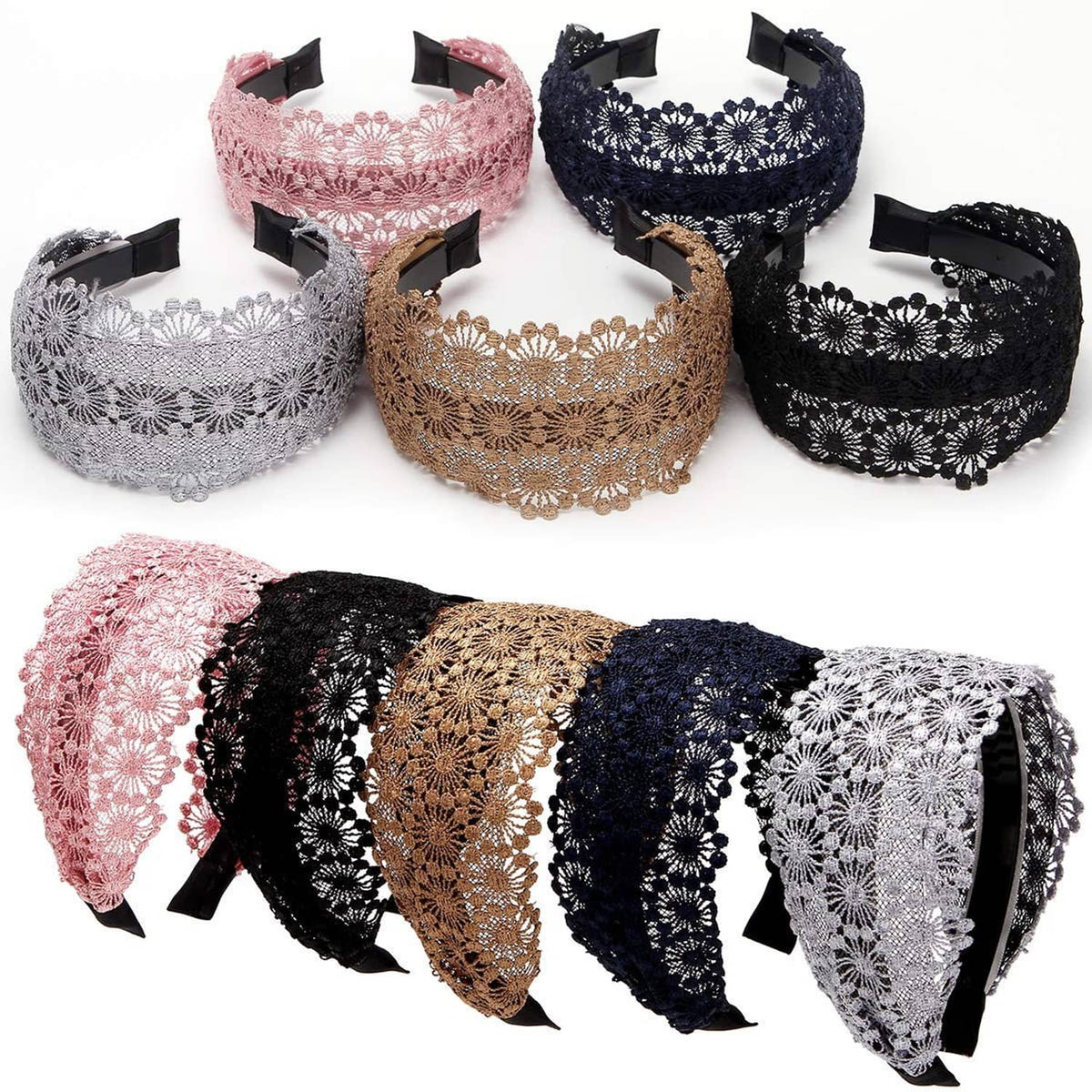 Assorted lace headbands in pink, black, tan, navy, and gray with black inner strap