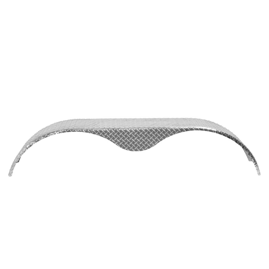 Curved teardrop trailer fender, silver diamond tread plate sheet