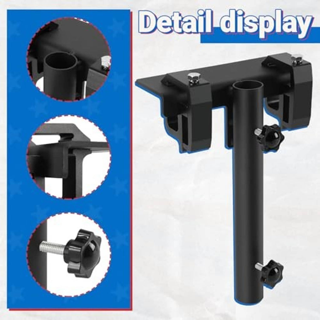 Black truck bed flag pole mount with close-up detail of clamp knob and base