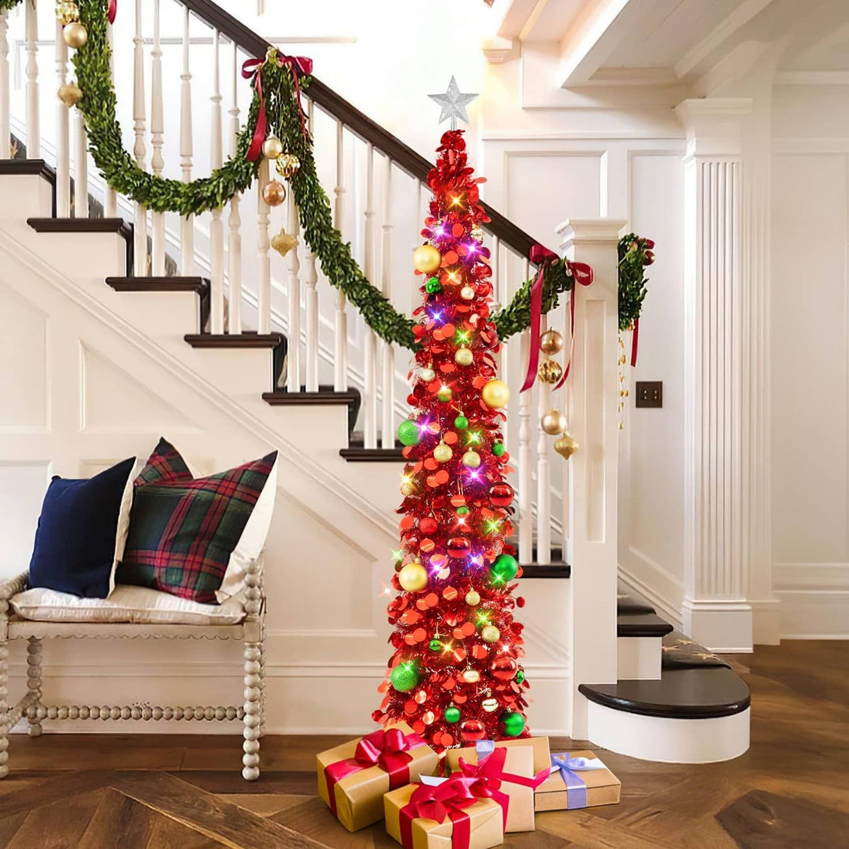 Red 6ft pop-up Christmas tree with multicolor LED lights, ornaments, and star topper.