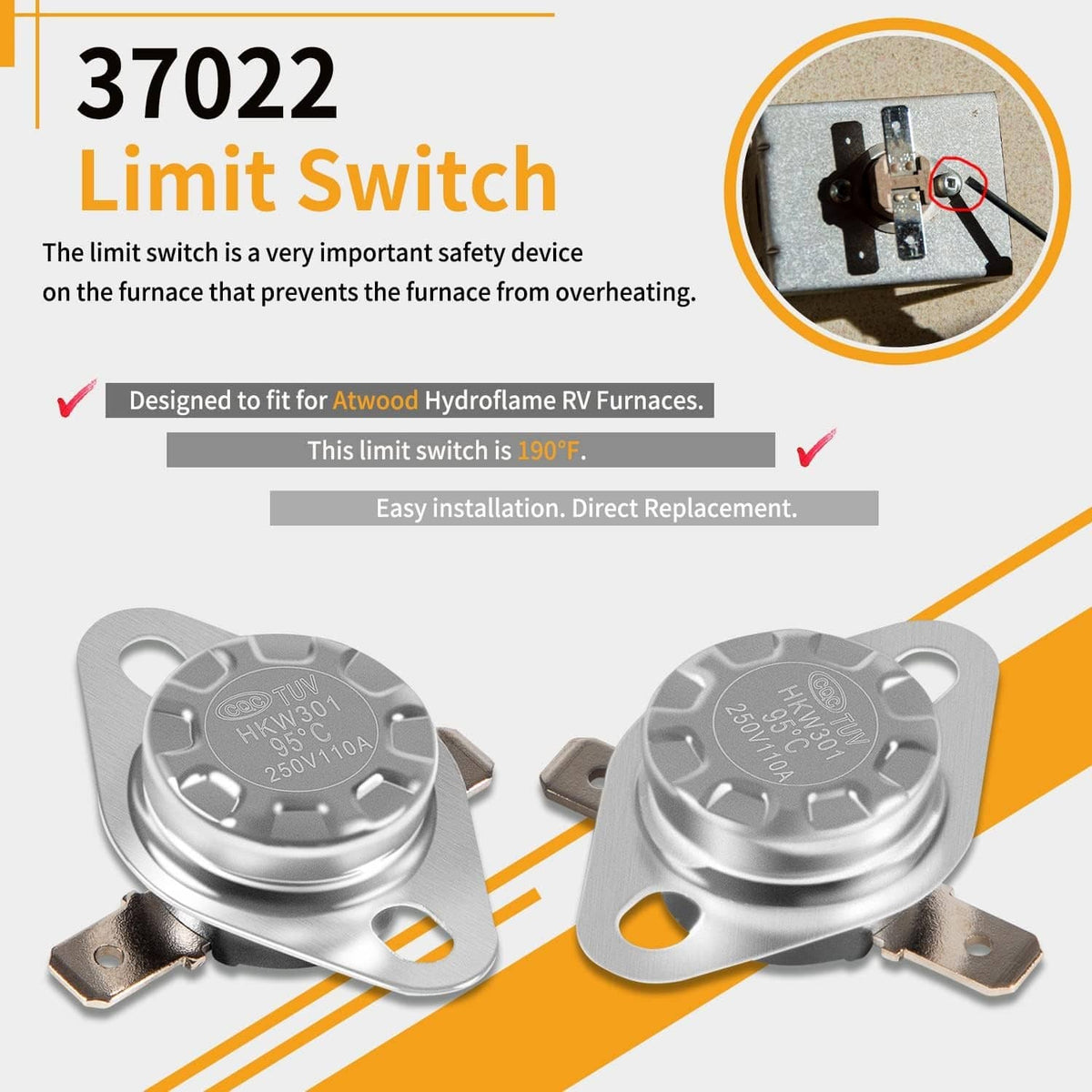 Two RV limit switches with round metal cover and side mounting tabs