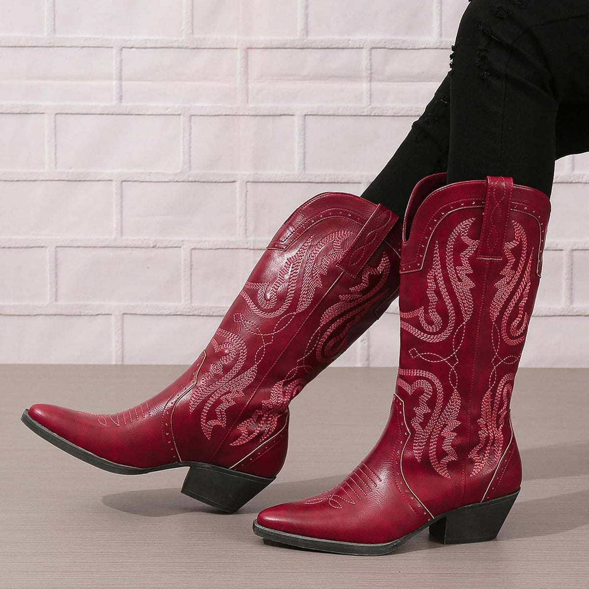 Women’s mid-calf cowboy boots, dark red with detailed stitched embroidery and block heel