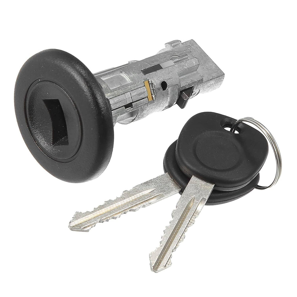 Ignition lock cylinder with black knob and two metal keys, silver housing
