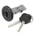 Ignition lock cylinder with black knob and two metal keys, silver housing