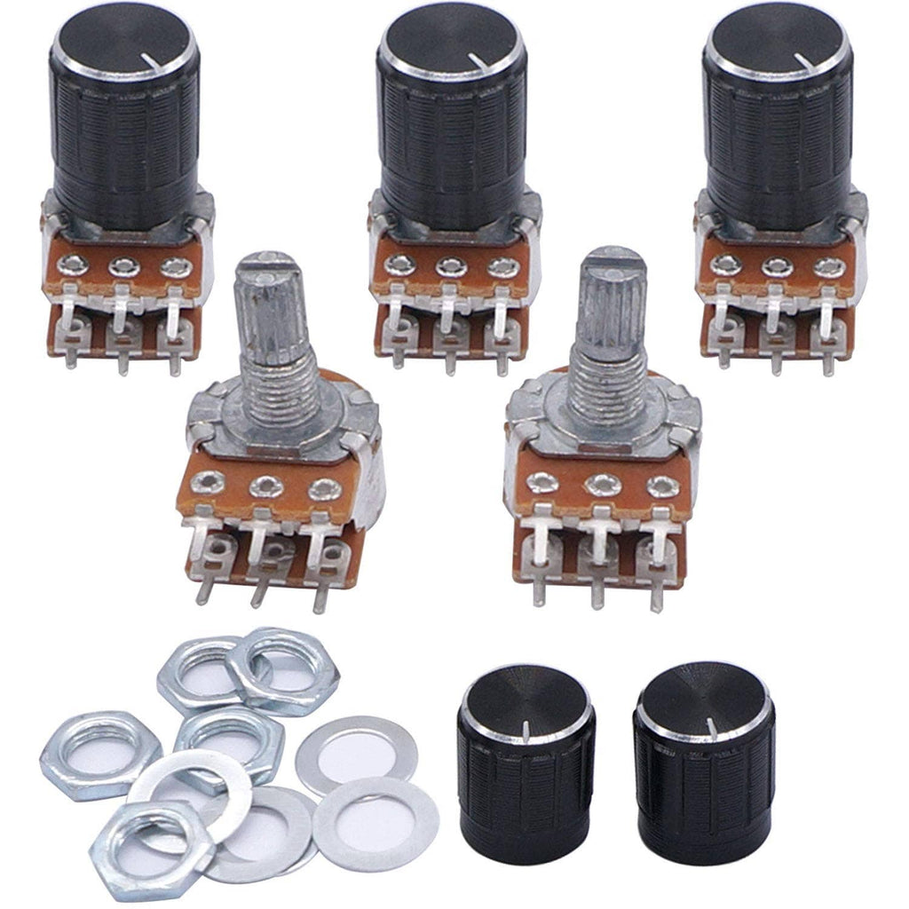Set of 6-pin potentiometers with black knobs, metal shafts, and mounting nuts