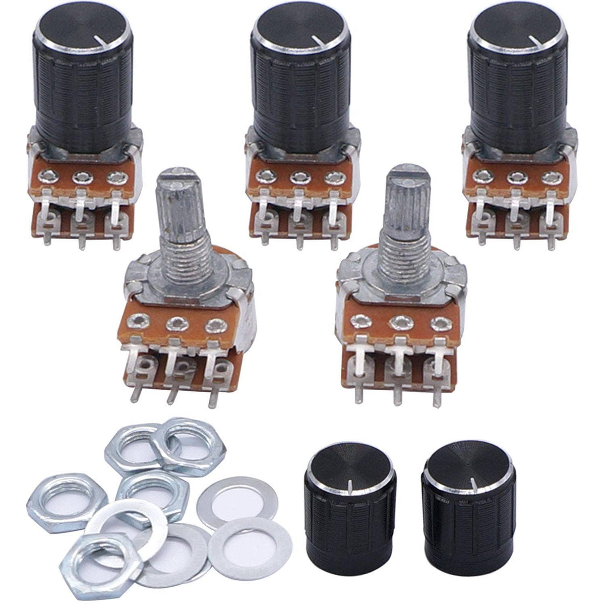 Set of 6-pin potentiometers with black knobs, metal shafts, and mounting nuts