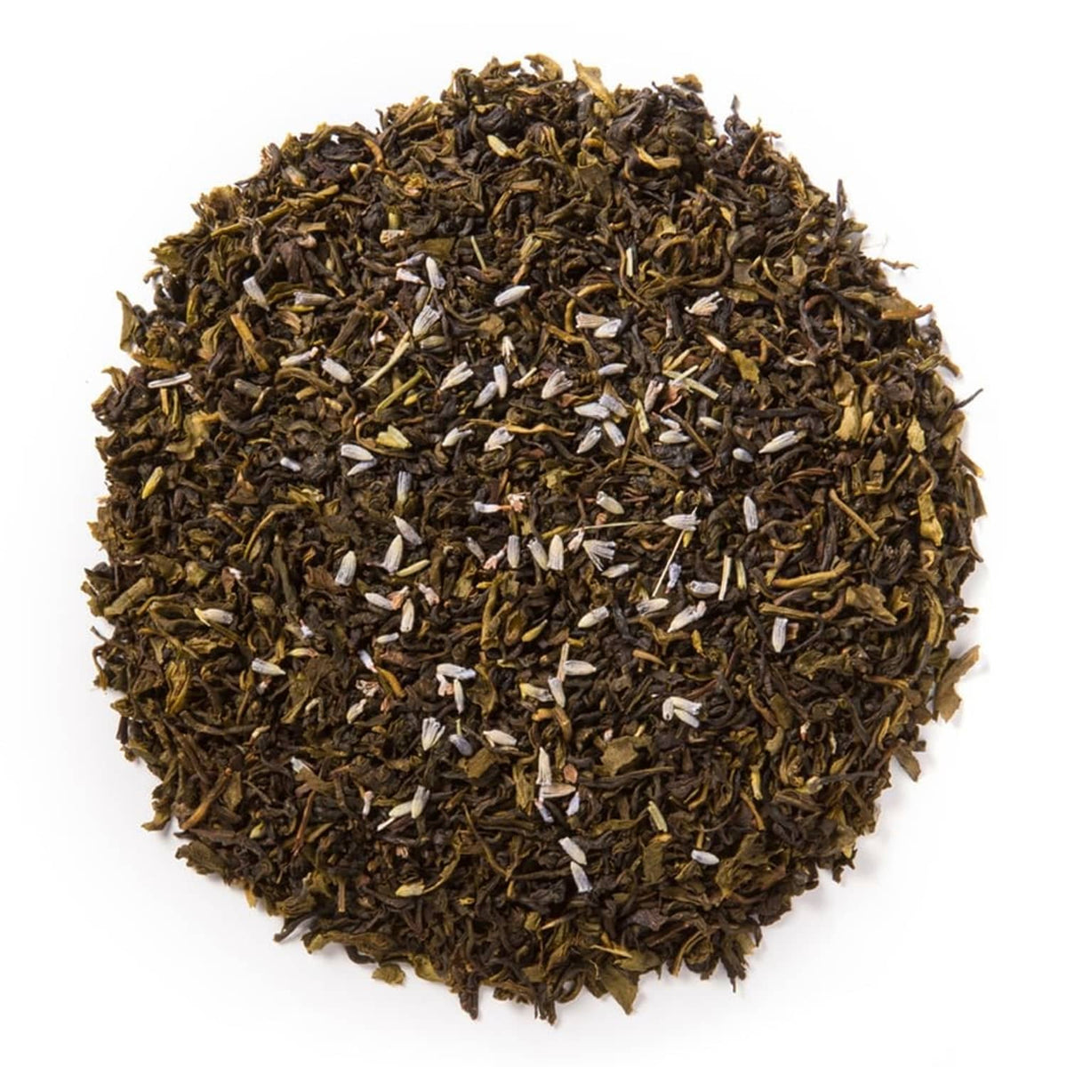 Organic earl grey green loose-leaf tea leaves piled in a round heap