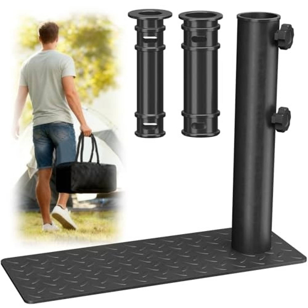 Portable black tire mount holder with upright sleeve, side clamps, and diamond base pad