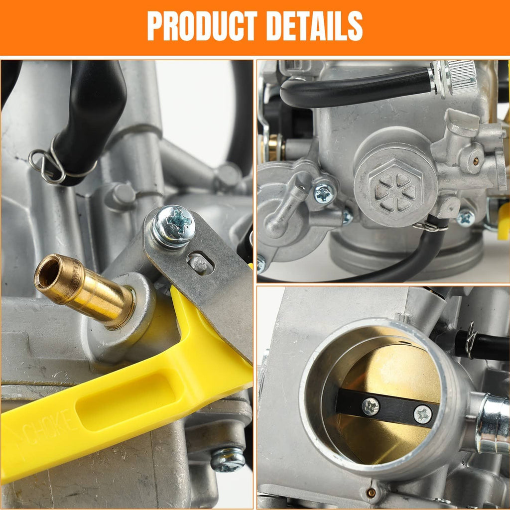 Carburetor detail view with mounting hardware and brass inlet fitting
