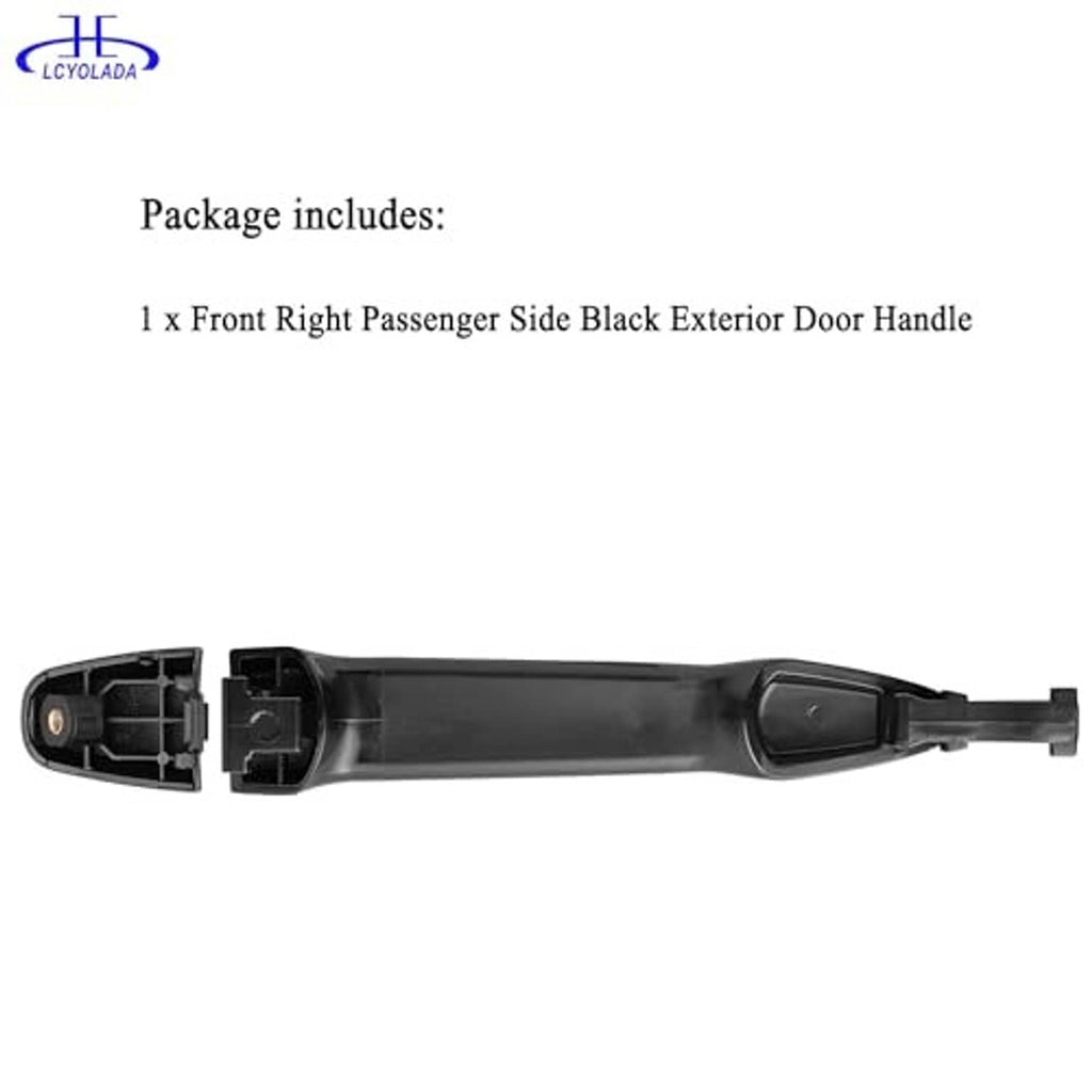 Black exterior door handle with interior housing and latch recess, front right